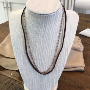Necklace/choker, brown suede, beads, silver links